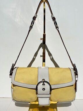 Coach Soho Double Pocket Flap Shoulder Bag Yellow White Leather Y2K Near Mint